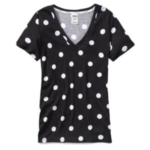 NWT Victoria’s Secret PINK “Sexy” Black & White Polka Dot V-Neck T-Shirt! Sz XS